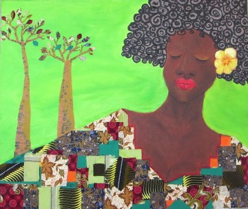  verde Pintura - Mujer negra y árbol en patrón de decoración verde africano.